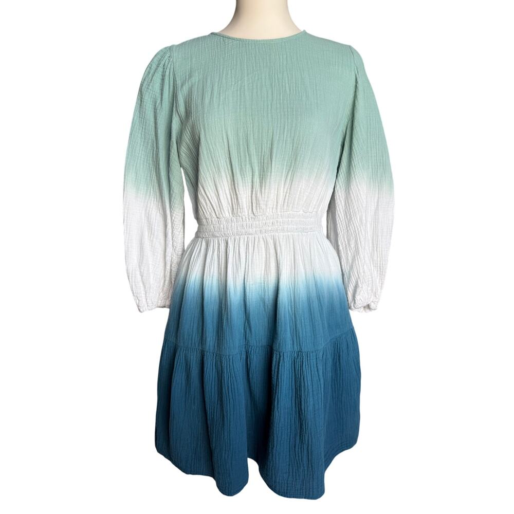 Universal Thread Blue Ombre Cotton Gauze Mini Dress Size Medium Puff Sleeve - Picture 2 of 13